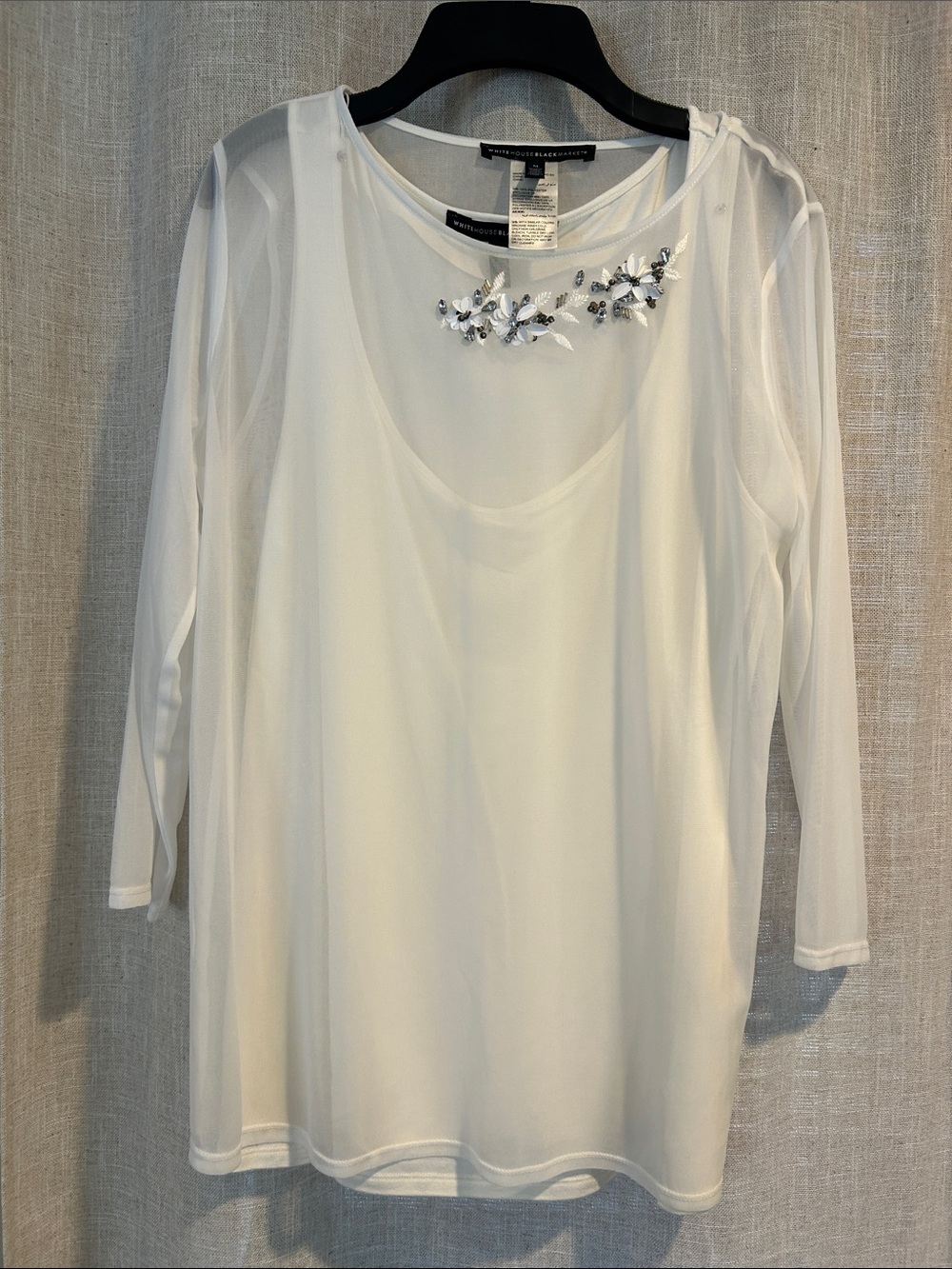 White House Black Market White Sheer Long-Sleeve Top with Beaded Accent